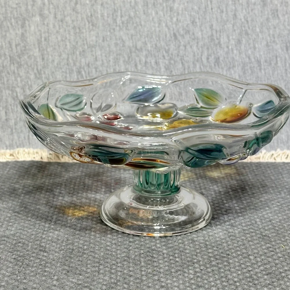 VTG Mikasa Garden Harvest Pressed Glass Pedestal Bowl Embossed Colored 3D Fruit